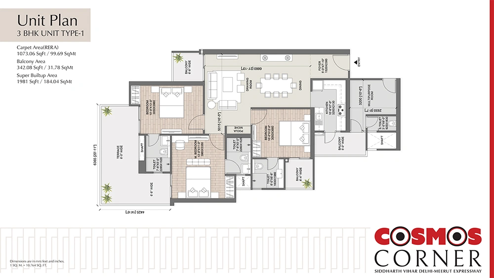 3 BHK 1981 Sq.Ft floor plan